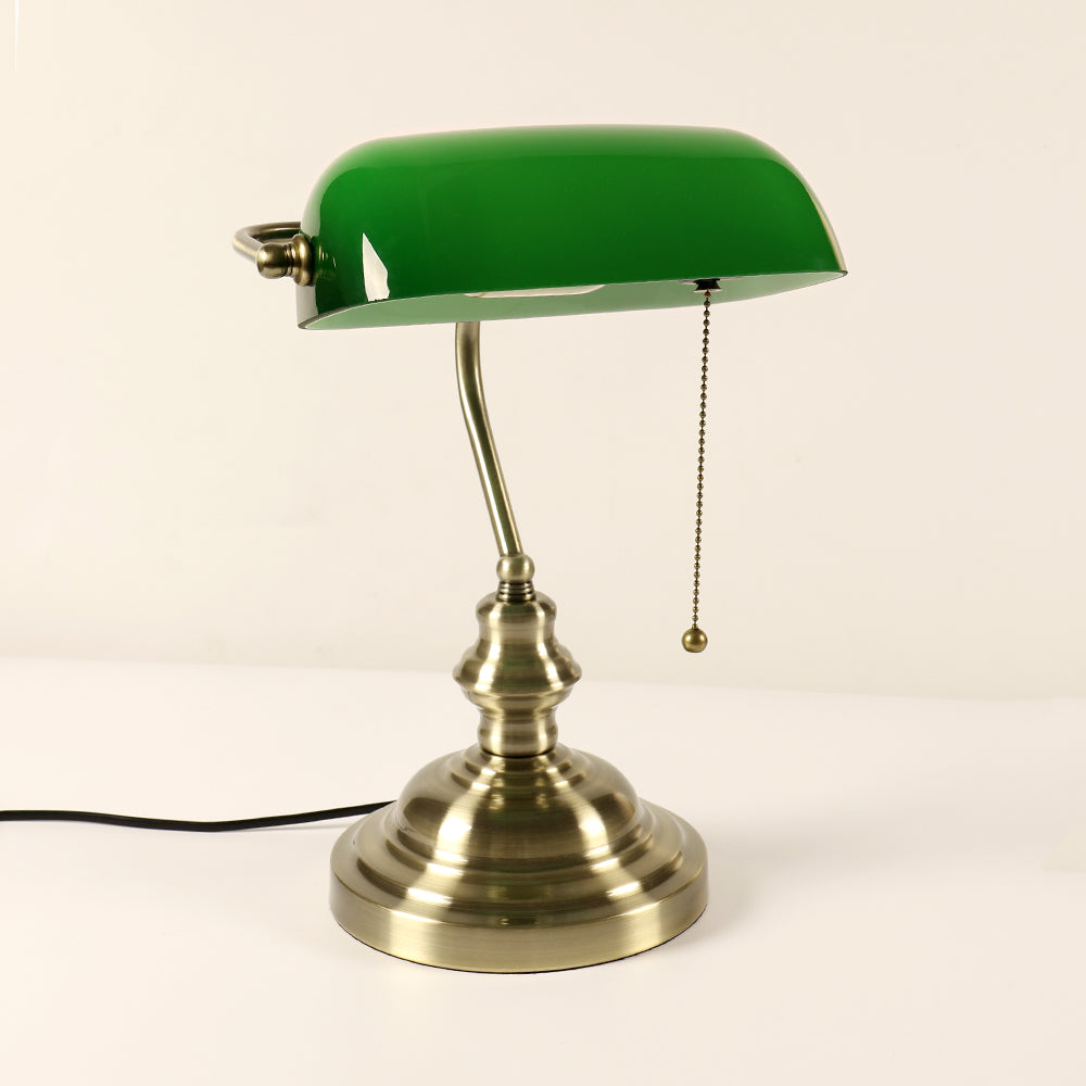 VTG Bankers Lamp Green Glass Shade Brass Base Pull-Chain Switch Desk/Library  EXC